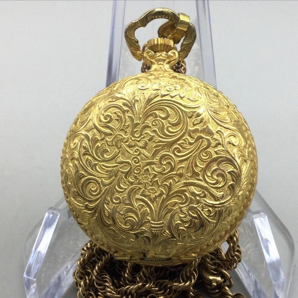 Vintage Bonnard Pocket Watch Women 35mm Gold Tone Full Hunter Chain Manual Wind